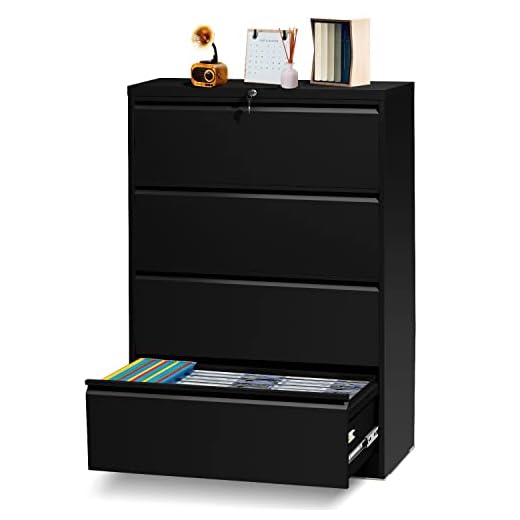 Black Lateral File Cabinet with Lock, 4 Drawer lateral Filing Cabinet for Legal/Letter A4 Size, Locking Wide File Cabinet for Home Office, 0 Screw Assembled