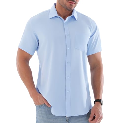 BEFRIED Dress Shirts for Men Big and Tall (Size XL Big-6XL Big Tall) Button Down Short Sleeve Shirts Business Casual Collared Shirt with Pocket Sky Blue