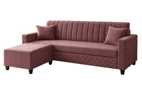 Image of 3 Seater Velvet Sofa with Ottoman | Modern Upholstered Couch | Quilted Design | Soft Comfortable Seating | Sturdy Wooden Frame | Living Room, Office - Rose Pink