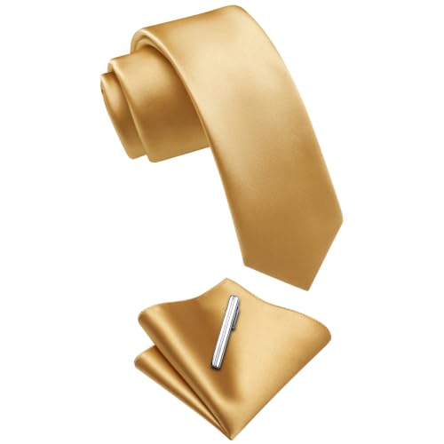 Image of YourTies Skinny Ties for Men Solid 2.4 inch Slim Necktie Handkerchief Clip Set | Satin Mens Tie Pocket Square Tie Clip Gift Box,Solid Color,Formal Casual Wedding Business Party,Suit Shirt Tuxedo