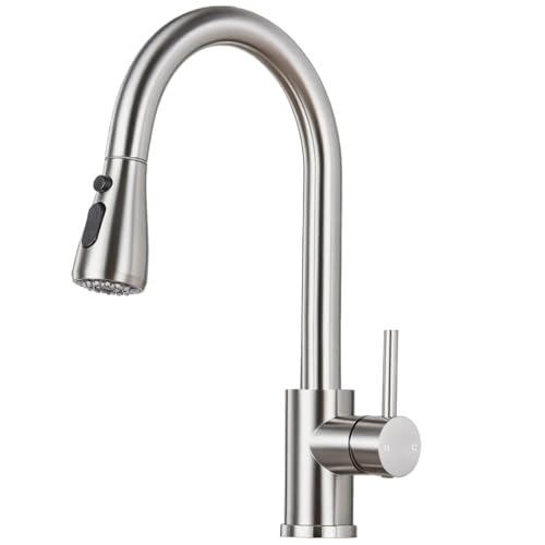 Image of Brushed Nickel Kitchen Faucet with Pull Down Sprayer | SUS 304 Stainless Steel, Single Handle, 3 Spray Modes, 360 Swivel Spout, RV Laundry Bar Sink, Deck Plate, NSF372 NSF61 cUPC