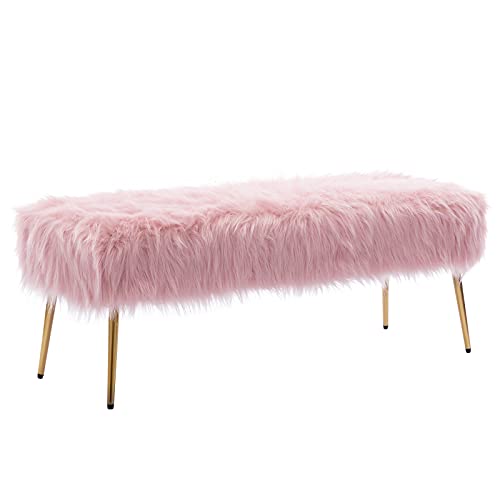 Duhome Faux Fur Plush Ottoman Bench, Modern Fluffy Upholstered Bench For Entryway Dining Room Living Room Bedroom, Pink #TOP1
