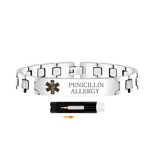 Zircobic Pulsera de Alerta Médica Grabada con Láser “Alergia a la Penicilina”, Hipoalergénica, Ligera, Impermeable, Unisex, Adecuada para Correr, Fitness, Actividades al Aire Libre & Uso Diario