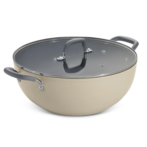 Image of TRAMONTINA Velo 24cm Shallow Kadai with Lid 2.9L | Ceramic-Reinforced Coating | Tempered Glass Lid | for Curry, Stir Fry, Sauteing & Everyday Cooking | Gas & Induction Compatible | Sand Beige