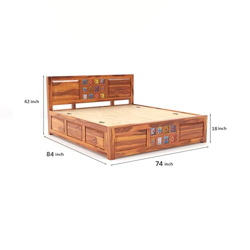 Image of Sheesham Wood King Size Bed with Storage Box | Wooden Box Bed King Size Double Cot Bed with Storage for Bedroom | Premium Tile Dalla Design Headboard Bed for Hotel, Home | Honey Finish