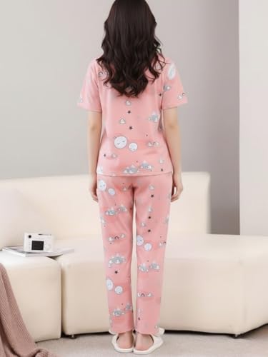 Image of Women's Korean Style Night Suit Set | Cotton Half Sleeve Top & Pyjama Set | Round Neck Printed Nightsuit | Comfortable Nightwear & Loungewear for Women | Sleepwear Pjs Lounge Set |Co-ords Outfit