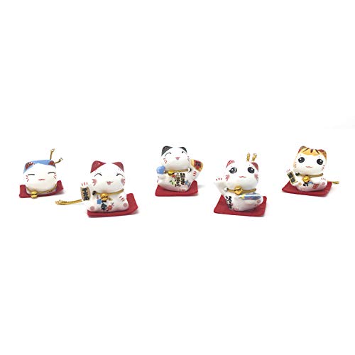 Maneki Neko Lucky Cat Figurines, Set of 5 for Vitality & Peace