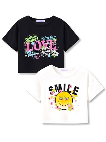 Stylish Graffiti/Butterfly Graphic Crop Top for Girls -Cool Summer T-Shirt Soft Colorful 2-Pack Tees Size 6-18