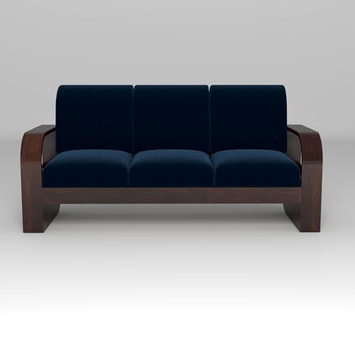 Image of Solid Sheesham Wooden 6 Seater Sofa Set with Coffee Table with Blue Cushion for Living Room Furniture - Walnut Finish (3+2+1)