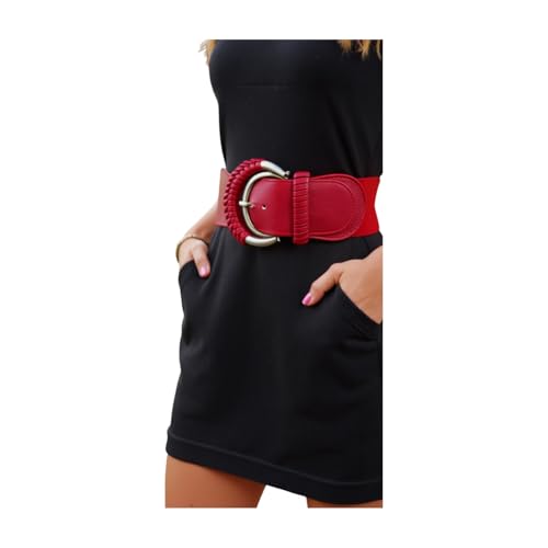 Women Red Color Fashion Belt - Wide Elastic Waistband High Waist Hip Gold Metal Buckle Fit Size M2
