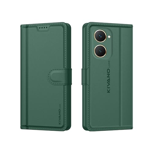 Image of KIVANO LUXE Compatible for iQOO Z9 Lite /Vivo Y28S 5G / Vivo T3 Lite Luxury Handmade Leather Magnetic Flip Folio Case | Card Holder & Kickstand | Slim Protective Cover | Unisex - Green