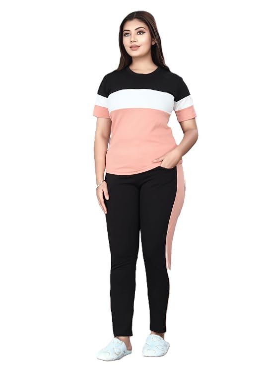 Cotton Blend Tracksuits for Women Half Sleeves Round Neck Woman Workout T-shirt & Pant for Sports Comfortable and Breathable Gym Wear for Womens Tracksuit Set with Top & Bottom Pants-picture-52