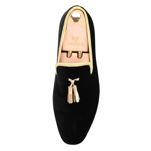 FERUCCI Men Black Velvet Square Toe Gold Tassel Slippers Loafers Flats Prom Wedding3