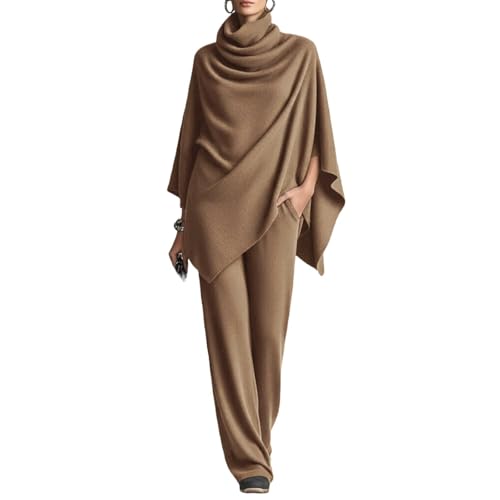 Women's Elegant Drape Two Piece Set Turtleneck Shawl Batwing Knitting,