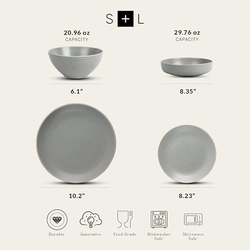 Image of Stone Lain Lauren Stoneware, Rustic Plates and Bowls Set, Dinnerware, Service for 8, Speckled Green, Dishwasher & Microwave Safe, 32-Piece