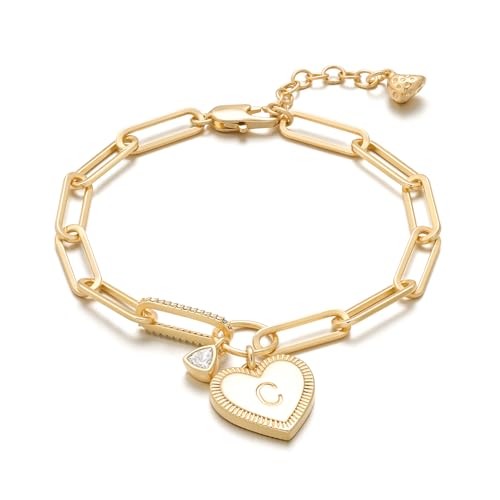 Image of MYEARS Valentines Day Gifts for Women - Gold Initial Bracelets for Women Trendy 14K Gold Plated Heart Letter A-Z Charm Bracelets Paperclip Chain Personalized Jewelry Birthday Gifts for Her