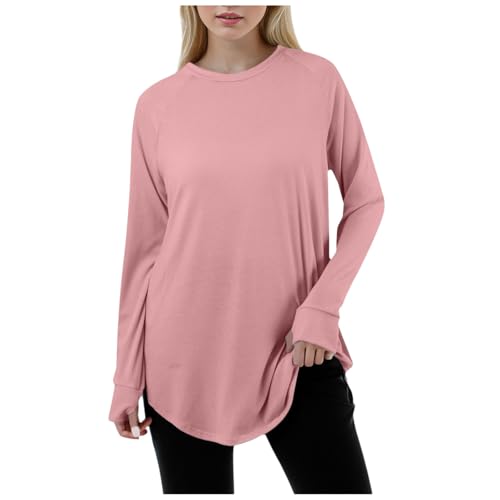 Women's Casual Solid Color Loose Round Neck Long Sleeve Thumb T Shirt Pullover Top Fig Color Blouse (L)