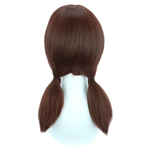 Image of Brown Wig with Bangs Brown Short Wig with Two Pigtails Brown Straight Wigs for Women Cosplay Synthetic Wigs with Wig Cap
