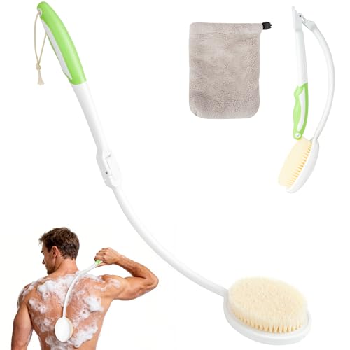 Brosse Dos Douche Pliable à Long Manche – Brosse pour le Dos Douches avec Poils Souples et Serviette Incluse, Brosses Douche Dos Ergonomique pour Nettoyage...