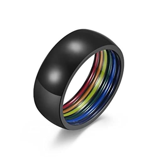 YAHOYA 8MM Estilo Minimalista Acero Inoxidable LGBT Pride Anillos para Mujeres Hombres Rayas de Arco Iris Dentro de la Forma de la cúpula