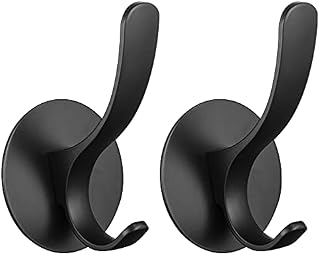 Wopeite Towel Hooks for Robe Bath Stick on Hooks Towel Holders Coat Hooks Stainless Steel Door Hooks for Bathroom Kitchen No Drill 2 Pack Black