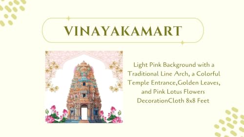 Image of varalakshmi Pooja Background | Light Pink Background with a Traditional Line Arch, a Colorful Temple Entrance,Golden Leaves, and Pink Lotus Flowers Decoration Cloth 8x8 Feet
