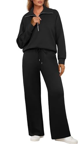 GRECERELLE Jogginganzug Damen Trainingsanzug Zweiteiler Outfits Tracksuit Langarm Lässige V Neck Halb Zip Tops und Jogginghosen Trainingsanzüge mit Taschen (Schwarz, L)