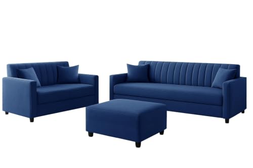 Image of 3+2 Fabric Sofa Set with Ottoman for Living Room | Modern 5-Seater Sofa Couch | with Soft Cushion, Premium Velvet Fabric-Blue