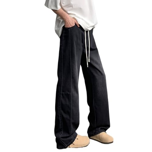 Mens Comfort Elastic Waist Casual Trousers Drawstring Straight Splicing Jean Sweatpants