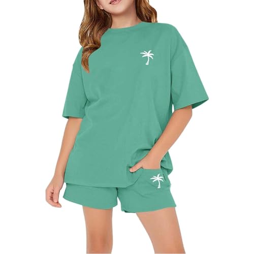 Boys Loose Athletic Short Sleeve Shirt And Active Shorts Set Summer 2 Piece Cotton Basic Tee Palm Tree Print Outfits4