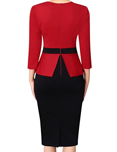Image of VFSHOW Womens Pleated Crew Neck Peplum Slim Work Business Dress Elegant 3 /4 Sleeves Office Church Bodycon Pencil Sheath Dress