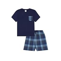 ThePyjamaFactory Boys Navy Blue Short Tartan Check Bottoms Pyjama Set Pjs For Kids (12-13 Years)