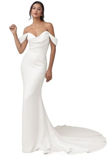 RunaCelle Off Shoulder Mermaid Wedding Dresses for Bride 2025 Satin Bridal Gowns Boho Beach Wedding Gowns with Train
