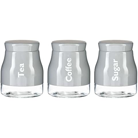 Set of 3 Grey Glass Tea Coffee Sugar Canister Caddy Set Large 900ml Cover