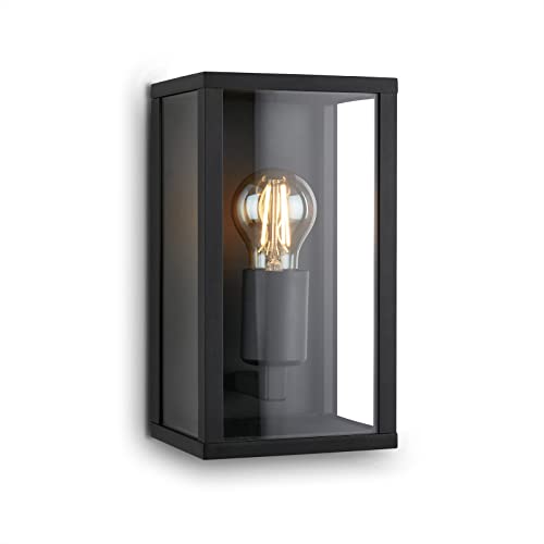 BRILONER - Wandlampe mit Glasscheibe, IP44, E27 max. 12 Watt, Aussenlampe, Wandleuchte aussen und innen, Strahler außen, Außenleuchte, Außenwandleuchte, Outdoor Lampe, 26x14x13,5 cm, Schwarz