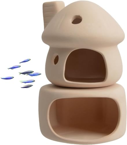 Image of RUIAN Ceramic Fish Tank Decorations, Mushroom House and Cave with Round Cave for Small Shrimp to Rest and Breed,Hiding, Cichlid, Hermit Crabs (Beige)