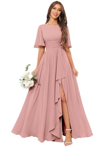 GUKARLEED Women's Ruffles Floral Chiffon Bridesmaid Dresses with Flutter Sleeves Pockets Long Formal Dress for Wedding Guest