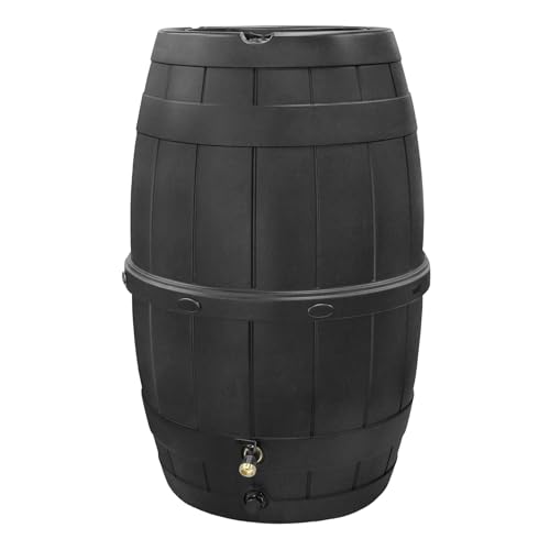 Garden Central 39-Gallon Knock Down Rain Barrel with Brass Spigot, Black – Plastic Outdoor Water Collection Container with Planter Top – Irrigation Supply for Gardening, Lawn & Landscaping
