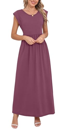 Image of DB MOON Womens 2026 Maxi Dresses Empire Waist Long Summer Dress Casual Cap Short Sleeve Sundress with Pockets