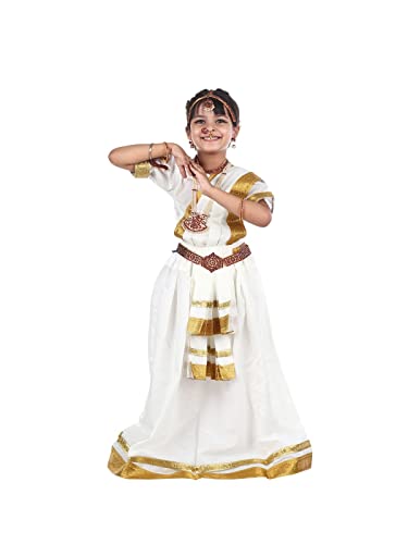 Image of BookMyCostume Polyester Mohiniyattam Indian Classical Dance Costume for Girls and Women with 10 Pcs Jewellery Set 5-6 Years,Multicolor