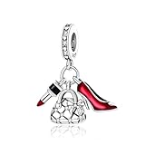 Su-Carata 925 Sterling Silver Charm Make Up Charms Lady High Heel Lipstick Cartoon Mini Lady Makeup Travel Bag Charms