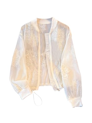 GORGLITTER Women's Light Jackets Floral Embroidery Zip Up Bomber Jackets Sheer Casual Long Sleeve Coats