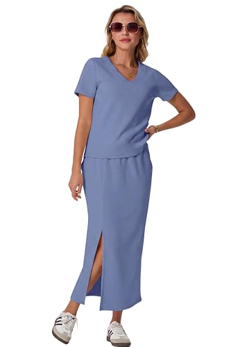 Image of GRECERELLE Women Summer Casual 2 Piece Sets V-Neck Wrinkle-Free Top & Elastic Waist Midi Side Slit Skirt with Pockets