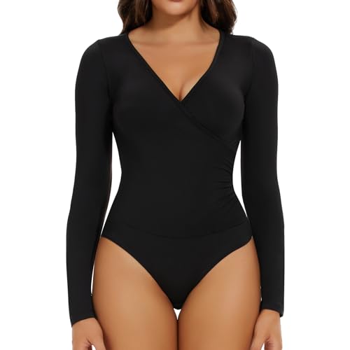 Joyshaper Damen Body Elegant Sexy V-ausschnitt Bodysuit Langarm Bodies Long...