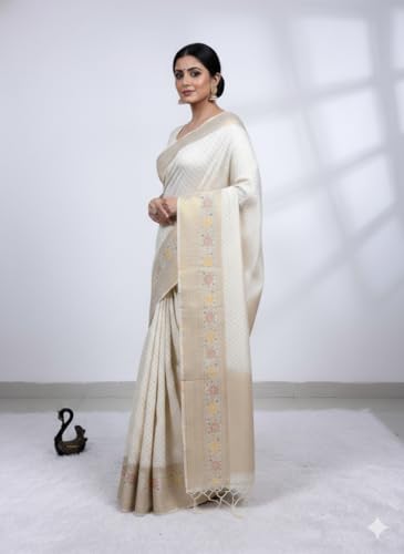 Image of Kanjivaram Silk Saree for Women - Handloom Floral Weaving, Contrast Border, Heavy Gold Zari Rich Pallu, Traditional Designer Wedding & Festive Saree with Blouse Piece