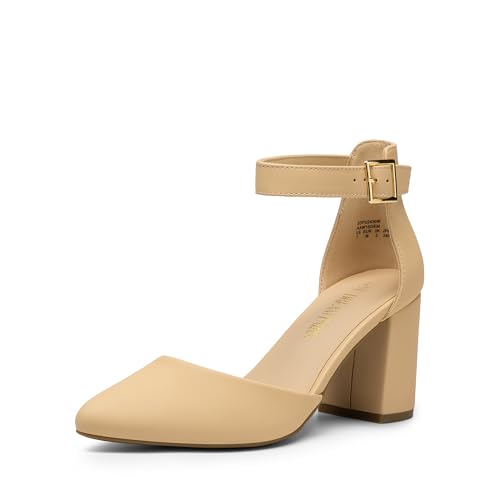 DREAM PAIRS Women's Closed Pointed Toe High Chunky Heels Pumps Ankle Strap Dress Shoes for Wedding Office Party, 3 Inches 7.5 Nude-nubuck