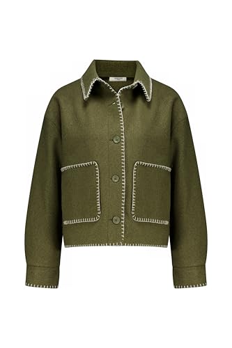 Deeluxe – Chaqueta corta METZA para mujer con pespuntes contrastantes grandes bolsillos de parche corte recto cuello camisa cierre botones tono sobre tono, Caqui claro., S