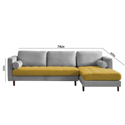 Image of Lezra RHS 4 Seater L Shape Sofa Set for Living Room (Yellow Grey Fabric) Premium Fabric Sofa