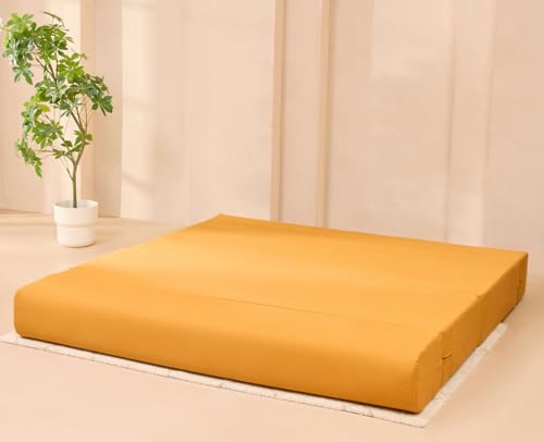 Image of uberlyfe Xtra High, Xtra Soft 3 Seater (6' x 6') Sofa Cum Bed | 1 Year Warranty | 17 inch Sofa Height | King Size Foldable Bed | Plush Pure Cotton Fabric | Mango Yellow Color