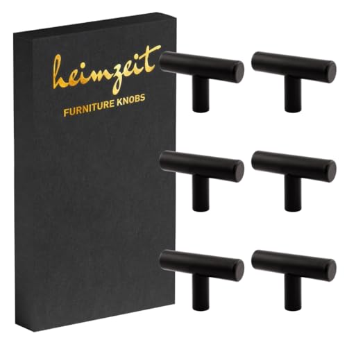 heimzeit Tiradores de Armarios y Cómodas de Acero Inoxidable para Puertas y Cajones [6 Piezas, en forma de T] Color: Negro, Diseño Elegante, Pomos Armario con Manija de un agujero con tornillos